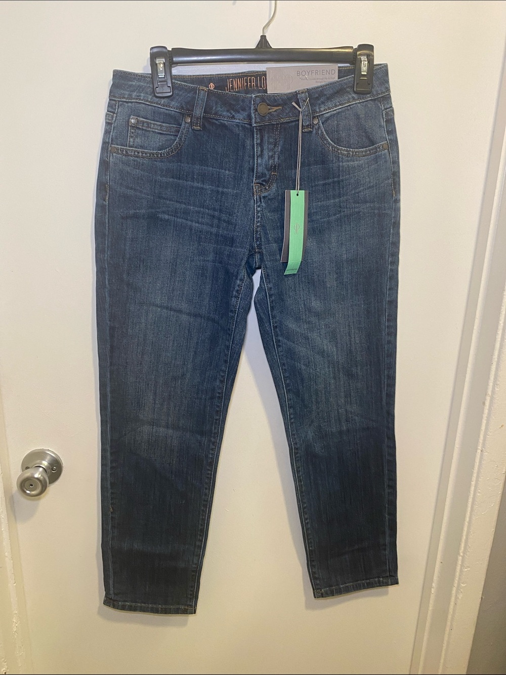 Jennifer Lopez Dark Blue Boyfriend Jeans with Faded Whiskering
